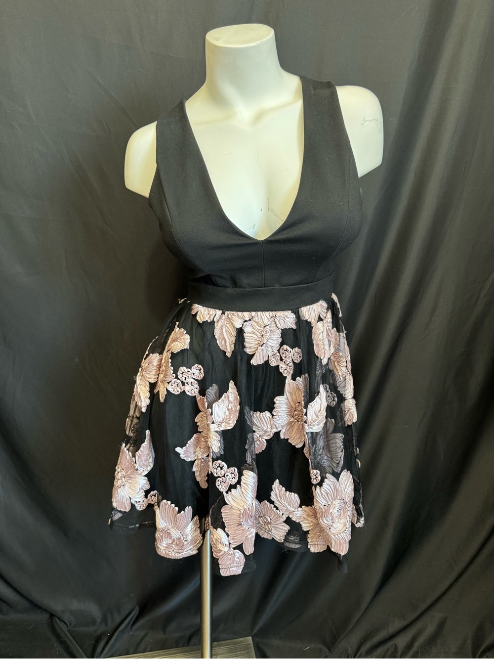 Black V-Neck Mini Dress with Pink Floral Embroidered Skirt